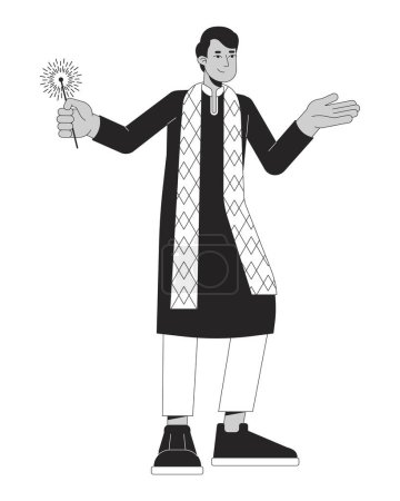 Illustration for Traditional indian kurta young man with bengal light black and white 2D line cartoon character. South asian isolated vector outline person. Hindu festival lights monochromatic flat spot illustration - Royalty Free Image