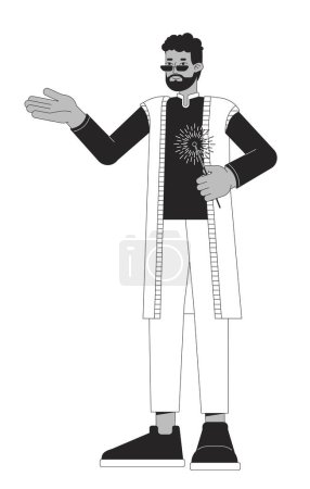 Illustration for Dhoti kurta guy with bengal light black and white 2D line cartoon character. African american bearded isolated vector outline person. Hindu festival of lights monochromatic flat spot illustration - Royalty Free Image