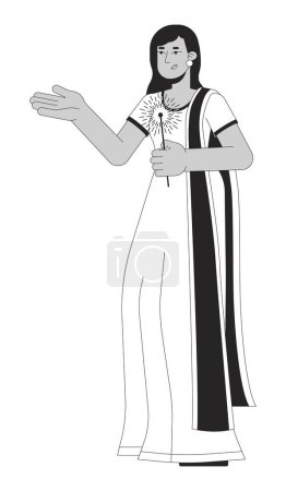 Illustration for Greeting south asian woman with bengal light black and white 2D line cartoon character. Saree female isolated vector outline person. Hindu festival of lights monochromatic flat spot illustration - Royalty Free Image