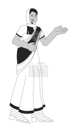 Illustration for Islamic hijab smiling woman with bengal light black and white 2D line cartoon character. Young adult isolated vector outline person. Hindu festival of lights monochromatic flat spot illustration - Royalty Free Image