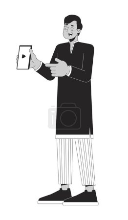 Téléchargez les illustrations : Excité rire homme indien pointant sur téléphone portable noir et blanc personnage de bande dessinée ligne 2D. Jeune homme adulte isolé contour vectoriel personne. Illustration de taches plates monochromatiques hindoues Deepawali - en licence libre de droit