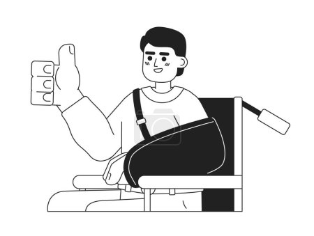 Illustration for Cheerful wheelchair man thumb up showing black and white 2D cartoon character. Trauma recovery patient hispanic guy isolated vector outline person. Positive male monochromatic flat spot illustration - Royalty Free Image