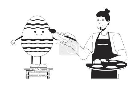 Illustration for Easter eggs painting custom black and white 2D illustration concept. Artist palette guy decorating easteregg cartoon outline characters isolated on white. Pasch metaphor monochrome vector art - Royalty Free Image
