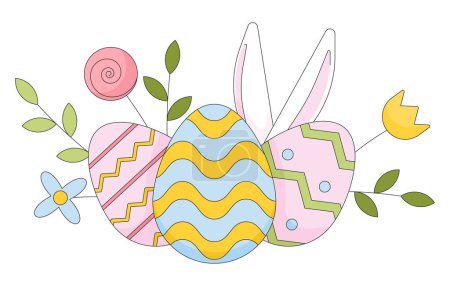 Illustration for Easter eggs spring flowers 2D linear cartoon object. Springtime floral eastereggs isolated line vector element white background. Decorative ornament. Eastertime holiday color flat spot illustration - Royalty Free Image