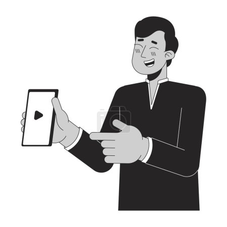 Illustration for Laughing young adult indian man showing phone black and white 2D line cartoon character. South asian guy isolated vector outline person. Hindu festival of lights monochromatic flat spot illustration - Royalty Free Image