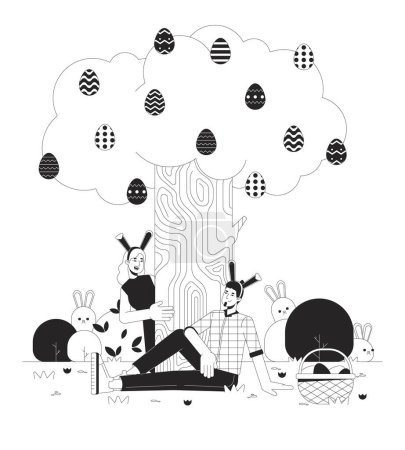 Ilustración de Huevo de Pascua caza negro y blanco concepto de ilustración 2D. Pareja caucásica con orejas de conejo en el patio de dibujos animados esbozan personajes aislados en blanco. Abril metáfora de Pascua arte vectorial monocromo - Imagen libre de derechos