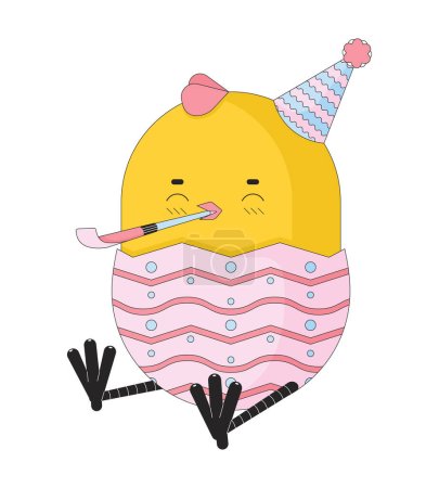 Ilustración de Fiesta soplando lindo bebé pollo en cumpleaños sombrero 2D personaje de dibujos animados lineales. Silbato ruidoso pequeño pollito aislado línea vector personaje fondo blanco. Divertido pájaro color plano punto ilustración - Imagen libre de derechos