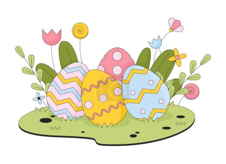 Illustration for Hidden Easter eggs in grass flowers line cartoon flat illustration. April paschal tradition 2D lineart objects isolated on white background. Eastertide custom. Easter-egg hunt scene vector color image - Royalty Free Image