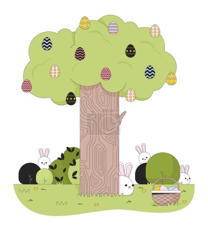 Illustration for Easter bunnies tree springtime line cartoon flat illustration. Eastertime rabbits 2D lineart animals isolated on white background. Ostereierbaum eggs hunt Eastertide scene vector color image - Royalty Free Image