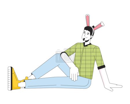 Illustration for Relaxed caucasian man with rabbit ears 2D linear cartoon character. European guy Easter bunny ears isolated line vector person white background. Eastertime celebration color flat spot illustration - Royalty Free Image