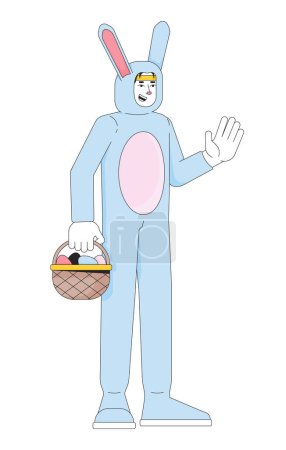 Illustration for Korean man in Easter bunny costume 2D linear cartoon character. Funny animal suit guy isolated line vector person white background. Rabbit mascot holding basket color flat spot illustration - Royalty Free Image