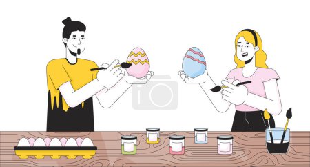 Illustration for Caucasian couple painting eggs Easter 2D linear cartoon characters. Paintbrushes holding adults two isolated line vector people white background. Eastertide custom color flat spot illustration - Royalty Free Image