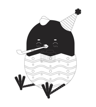 Illustration for Party blowing cute baby chicken in birthday hat black and white 2D line cartoon character. Noisemaker small chick isolated vector outline personage. Funny bird monochromatic flat spot illustration - Royalty Free Image