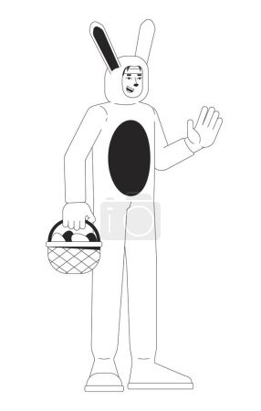 Téléchargez les illustrations : Homme coréen en costume de lapin de Pâques noir et blanc personnage de dessin animé ligne 2D. Humour costume animal gars isolé vecteur contour personne. Mascotte de lapin tenant panier illustration de tache plate monochromatique - en licence libre de droit