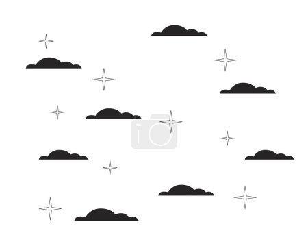 Illustration for Sparkling stars in night sky clouds black and white 2D line cartoon object. Starry night. Twinkling stars isolated vector outline item. Midnight nighttime monochromatic flat spot illustration - Royalty Free Image