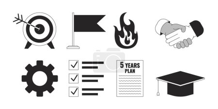 Building career black and white 2D line cartoon objects set. Professional education achievement goals isolated vector outline items collection. Handshake, burnout monochromatic flat spot illustrations