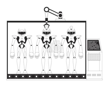 Manufacturing robots black and white 2D line cartoon characters. Robotics and electronics isolated line vector items white background. Machines production monochromatic flat spot illustration