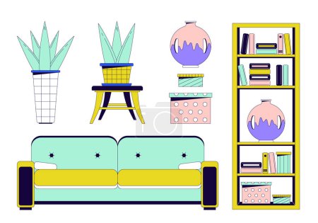 Illustration for Living room furnishing 2D linear cartoon objects set. Home interior design isolated line vector elements white background. Minimalist furniture arrangement color flat spot illustration collection - Royalty Free Image