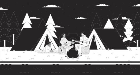 Playing guitar friends camping tents black and white cartoon flat illustration. Bonfire night people 2D linear landscape background. Feel nostalgic. Lo fi vibes monochrome scene vector outline image