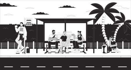 Seaside bus stop crowded black and white cartoon flat illustration. Commuter public transportation. People waiting for bus 2D linear background. Lo fi vibes monochrome scene vector outline image