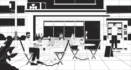 Sidewalk restaurant at evening black and white cartoon flat illustration. Dining couple, alone girl dinner 2D linear background. Downtown cafe. Lo fi vibes monochrome scene vector outline image