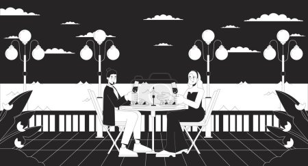 Romantic restaurant near seaside black and white cartoon flat illustration. Honeymoon heterosexual couple falling in love 2D linear background. Waterfront dining monochrome scene vector outline image