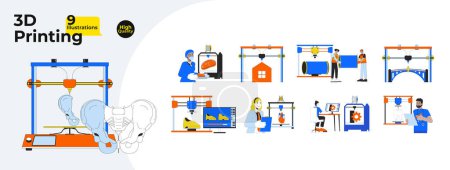 Illustration for 3d printing technology line cartoon flat illustration bundle. Diverse industry technicians 2D lineart characters isolated on white background. Additive manufacturing vector color image collection - Royalty Free Image