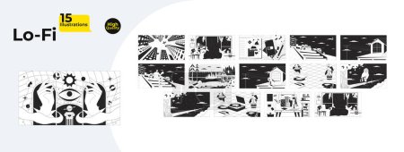 Ilustración de Relajante paquete de fondos de pantalla lofi en blanco y negro atmosférico. Acogedora colección de ilustraciones planas de dibujos animados de contorno 2D nocturna. Reproductor de vinilo, esotérico, estudio de la línea vectorial lo fi fondos estéticos conjunto - Imagen libre de derechos
