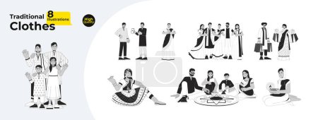 Multiculturel diwali personnes noir et blanc dessin animé plat paquet d'illustration. Porter des caractères indiens linéaires 2D isolés. Hindou deepawali festival monochrome vecteur contour collection d'images
