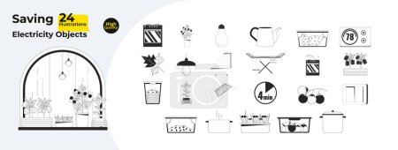 Conserving energy at household black and white 2D line cartoon objects bundle. Home appliances isolated vector outline items collection. Saving on electric bills monochromatic flat spot illustrations