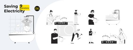 Stromsparen zu Hause Schwarz-Weiß Cartoon flache Illustration Bundle. Diverse erwachsene 2D-lineare Charaktere isoliert. Hausarbeit, Kochen auf Herd, monochrome Vektorumrisse