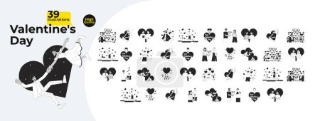 Romance Valentines day black and white 2D illustrations concepts bundle. Diverse couple cartoon outline characters isolated on white. Dating 14 february metaphors monochrome vector art collection