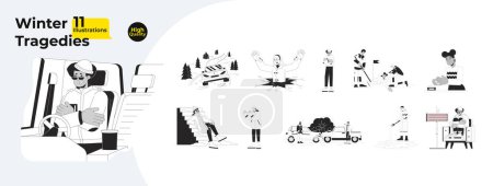Ilustración de Peligros de invierno dibujos animados en blanco y negro paquete de ilustración plana. Congelación de caracteres lineales 2D aislados. Peligro en carretera, avalancha, lesiones por clima frío esquema vectorial monocromo colección de imágenes - Imagen libre de derechos