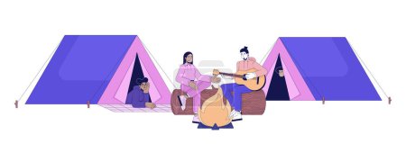 Illustration for Bonfire friends camping tents 2D linear cartoon characters. Campfire playing guitar diverse isolated line vector people white background. Vacation togetherness color flat spot illustration - Royalty Free Image