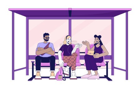 Illustration for Diverse passengers waiting on bus stop 2D linear cartoon characters. Multicultural adults on seats isolated line vector people white background. Girls friends talking color flat spot illustration - Royalty Free Image