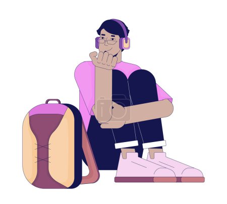 Ilustración de Auriculares tipo Oriente Medio sentado con la mochila 2D personaje de dibujos animados lineales. Escuchar música sonriente estudiante aislado línea vector persona fondo blanco. Ilustración de manchas planas de color introvertido - Imagen libre de derechos