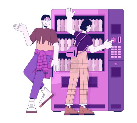 Korean young couple leaning on vending machine 2D linear cartoon characters. Boyfriend girlfriend isolated line vector people white background. Purchase beverage automatic color flat spot illustration