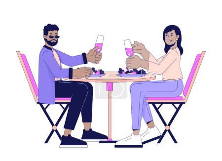 Married couple eating dinner 2D linear cartoon characters. Interracial lovers drinking wine together isolated line vector people white background. Dating heterosexual color flat spot illustration