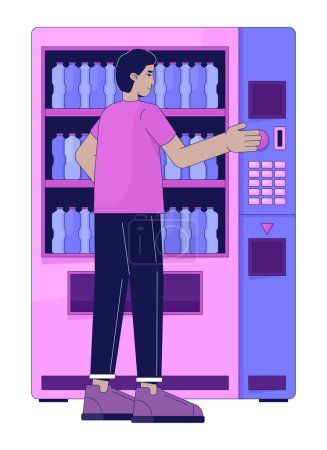 Homme indien achetant distributeur automatique de boissons personnage de dessin animé linéaire 2D. Adulte mâle achat bouteille d'eau isolé ligne vecteur personne fond blanc. Appuyez sur le bouton-poussoir couleur spot plat illustration