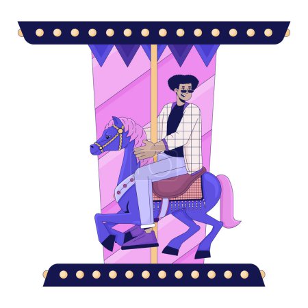 Hispanic young man riding horse carousel 2D linear cartoon character. Roundabout fun latino guy isolated line vector person white background. Entertainment attraction color flat spot illustration