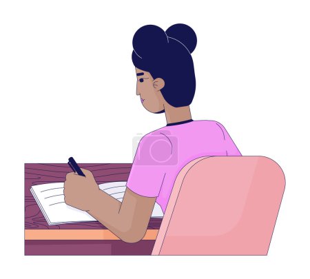 Illustration for Study girl african american 2D linear cartoon character. Studying student black female isolated line vector person white background. Young woman notebook writing desk color flat spot illustration - Royalty Free Image