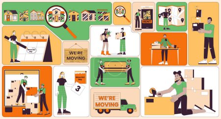 Relocation moving bento grid illustration set. Loading van, rental app 2D vector image collage design graphics collection. Packing boxes women diverse, movers flat characters moodboard layout