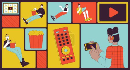 Illustration for Millennials relaxing with streaming platform bento grid illustration set. Leisure videos watch 2D vector image collage design graphics collection. Gen z with gadgets flat characters moodboard layout - Royalty Free Image