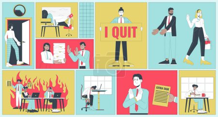 Illustration for Quiet quitting bento grid illustration set. Work life balance millennials 2D vector image collage design graphics collection. Gen z diverse employees refusing overwork flat characters moodboard layout - Royalty Free Image