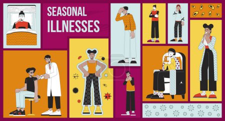 Illnesses seasonal bento grid illustration set. Influenza flu. Winter sickness symptoms 2D vector image collage design graphics collection. Diverse people sick cold flat characters moodboard layout