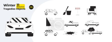 Weather wintertime black and white 2D line cartoon objects bundle. Traffic accident, car vehicles isolated vector outline items collection. Icy steps, heater monochromatic flat spot illustrations