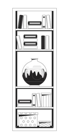Shelving black and white 2D line cartoon object. Modern furniture for apartment decor. Shelves with books and vase isolated vector outline item. Home interior monochromatic flat spot illustration