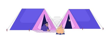 Friends in camping tents bonfire 2D linear cartoon characters. Diverse woman man relaxing campsite campfire isolated line vector people white background. Camp fire color flat spot illustration