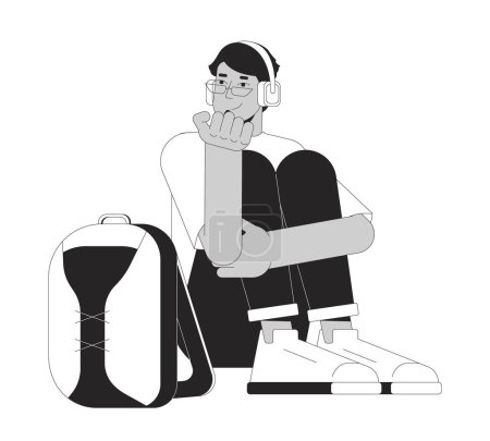 Illustration for Middle eastern guy headphones sitting with backpack black and white 2D line cartoon character. Listening to music student isolated vector outline person. Introvert monochromatic flat spot illustration - Royalty Free Image