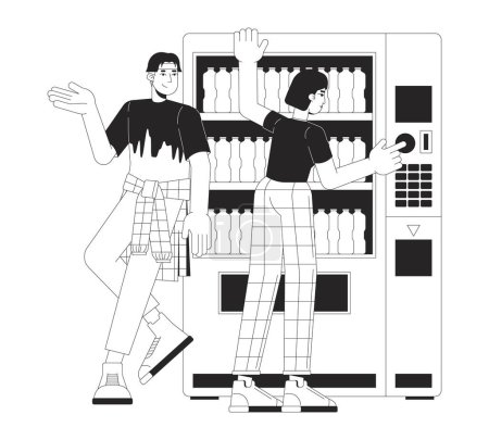 Korean young couple leaning on vending machine black and white 2D line cartoon characters. Boyfriend girlfriend isolated vector outline people. Purchase beverage monochromatic flat spot illustration